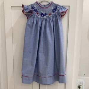 Carriage Boutique Blue/White Gingham Whale Smocked Dress w/ Red Rickrack Detail
